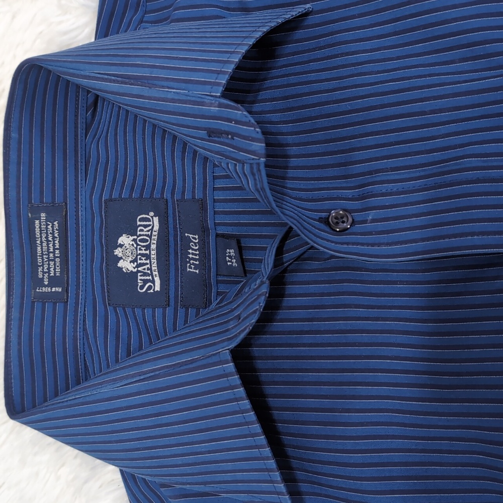 Men's Stafford Blue & Black Pinstripe Fitted Dress Shirt 17-1/2 34-35